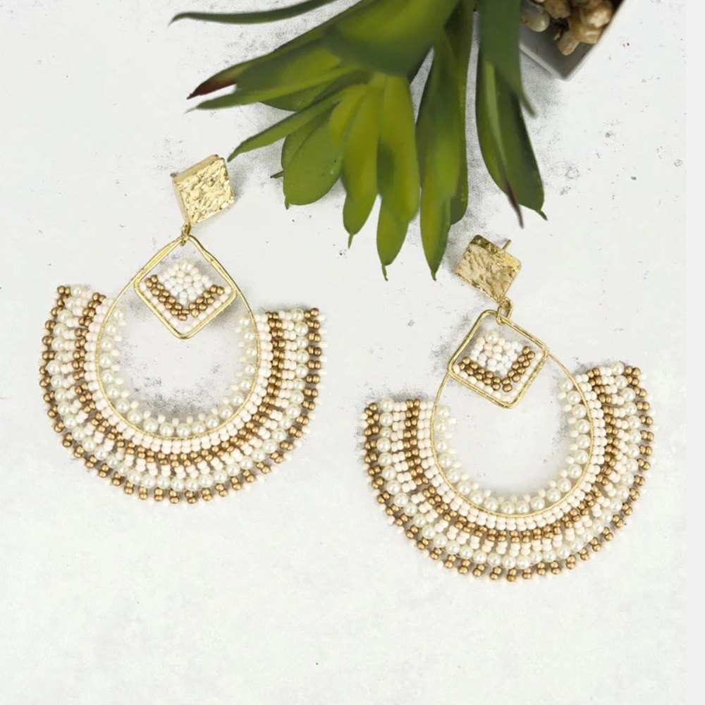 Ivory Seed Bead Hoop Earrings